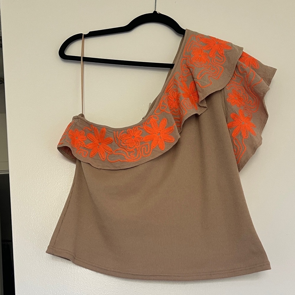 Dolan One-Shoulder Top with Orange Embroidery